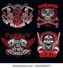 set, gothic sign with skull, grunge vintage design t shirts