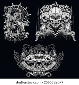 set, gothic sign with skull, grunge vintage design t shirts