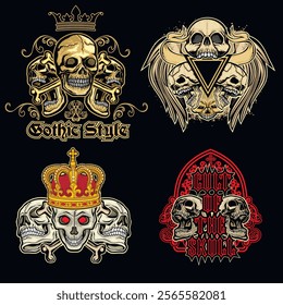 set, gothic sign with skull, grunge vintage design t shirts