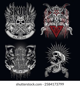 set, gothic sign with skull, grunge vintage design t shirts