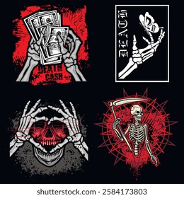 set, gothic sign with skull, grunge vintage design t shirts