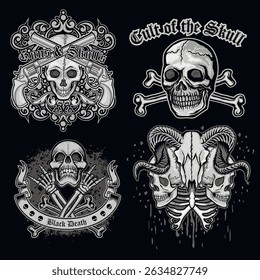 conjunto, sinal gótico com crânio, grunge vintage design t camisas