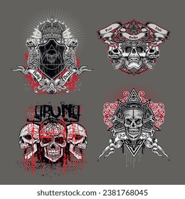 set, gothic sign with skull (Hand drawn vector image), grunge vintage design t shirts