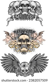 
set, gothic sign with skull (Hand drawn vector image), grunge vintage design t shirts