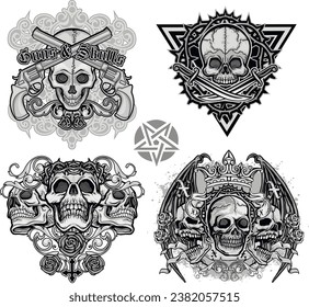 
set, gothic sign with skull (Hand drawn vector image), grunge vintage design t shirts