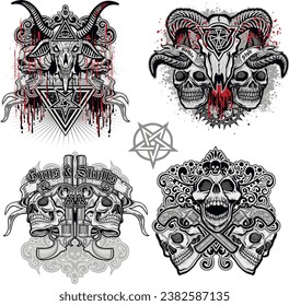 
set, gothic sign with skull (Hand drawn vector image), grunge vintage design t shirts