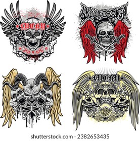 set, gothic sign with skull (Hand drawn vector image), grunge vintage design t shirts
