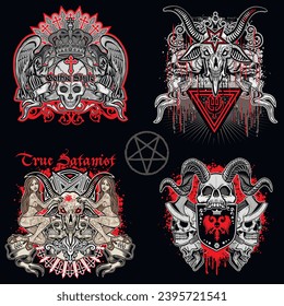set, gothic sign with skull (Hand drawn vector image), grunge vintage design t shirts