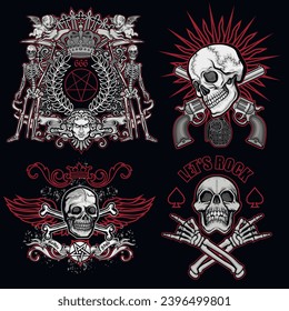 set, gothic sign with skull (Hand drawn vector image), grunge vintage design t shirts