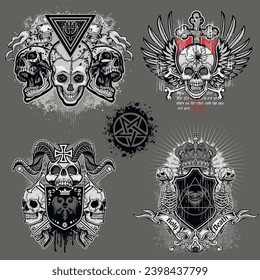 set gothic sign with skull (Hand drawn vector image), grunge vintage design t shirts