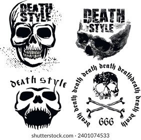 set, gothic sign with skull (Hand drawn vector image), grunge vintage design t shirts