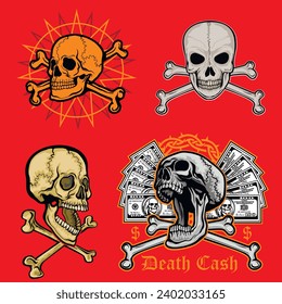 set, gothic sign with skull (Hand drawn vector image), grunge vintage design t shirts,