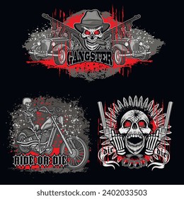 set, gothic sign with skull (Hand drawn vector image), grunge vintage design t shirts,