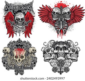 set, gothic sign with skull (Hand drawn vector image), grunge vintage design t shirts