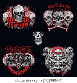 set, gothic sign with skull (Hand drawn vector image), grunge vintage design t shirts
