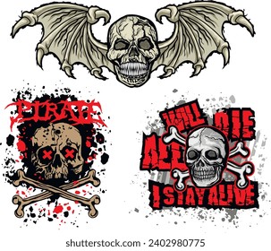 set, gothic sign with skull (Hand drawn vector image), grunge vintage design t shirts
