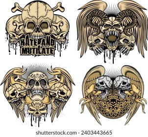 set, gothic sign with skull (Hand drawn vector image), grunge vintage design t shirts
