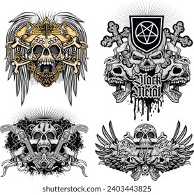 set, gothic sign with skull (Hand drawn vector image), grunge vintage design t shirts