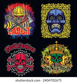 
set, gothic sign with skull (Hand drawn vector image), grunge vintage design t shirts