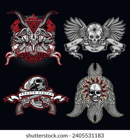 set, gothic sign with skull (Hand drawn vector image), grunge vintage design t shirts