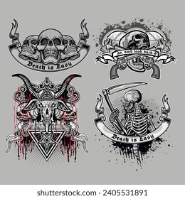 set, gothic sign with skull (Hand drawn vector image), grunge vintage design t shirts