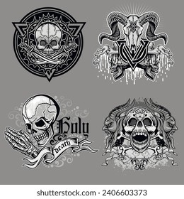 set, gothic sign with skull (Hand drawn vector image), grunge vintage design t shirts