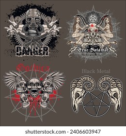 set, gothic sign with skull (Hand drawn vector image), grunge vintage design t shirts
