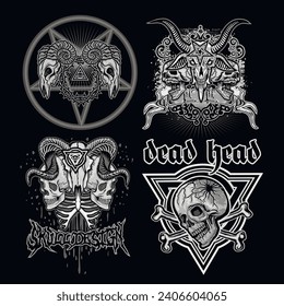 set, gothic sign with skull (Hand drawn vector image), grunge vintage design t shirts

