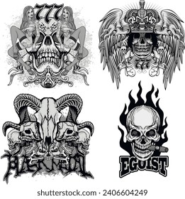 set, gothic sign with skull (Hand drawn vector image), grunge vintage design t shirts

