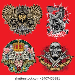 set, gothic sign with skull (Hand drawn vector image), grunge vintage design t shirts
