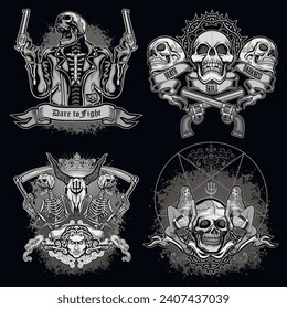 
set, gothic sign with skull (Hand drawn vector image), grunge vintage design t shirts
