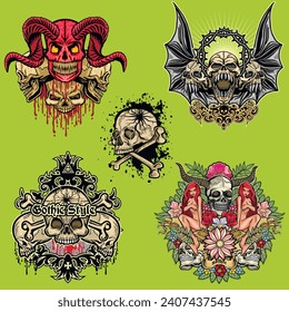 
set, gothic sign with skull (Hand drawn vector image), grunge vintage design t shirts
