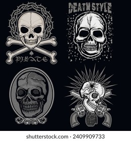 set, gothic sign with skull (Hand drawn vector image), grunge vintage design t shirts