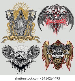 set, gothic sign with skull (Hand drawn vector image), grunge vintage design t shirts