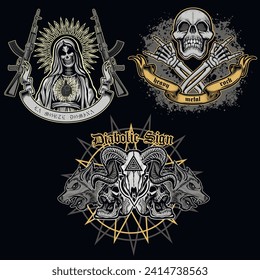 set, gothic sign with skull (Hand drawn vector image), grunge vintage design t shirts