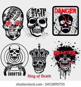set, gothic sign with skull (Hand drawn vector image), grunge vintage design t shirts