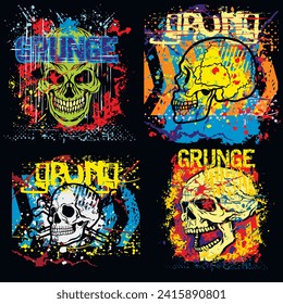 set, gothic sign with skull (Hand drawn vector image), grunge vintage design t shirts
