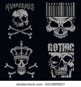 set, gothic sign with skull (Hand drawn vector image), grunge vintage design t shirts
