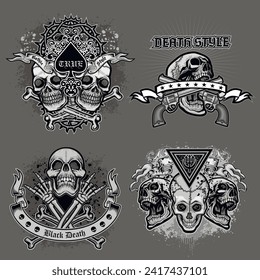 set, gothic sign with skull (Hand drawn vector image), grunge vintage design t shirts