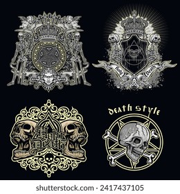 set, gothic sign with skull (Hand drawn vector image), grunge vintage design t shirts
