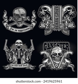 set, gothic sign with skull (Hand drawn vector image), grunge vintage design t shirts
