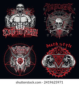 set, gothic sign with skull (Hand drawn vector image), grunge vintage design t shirts
