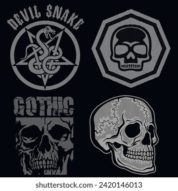 set, gothic sign with skull (Hand drawn vector image), grunge vintage design t shirts