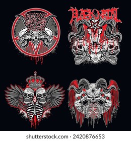 set, gothic sign with skull (Hand drawn vector image), grunge vintage design t shirts
