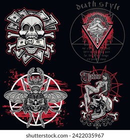 set, gothic sign with skull (Hand drawn vector image), grunge vintage design t shirts