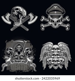 set, gothic sign with skull (Hand drawn vector image), grunge vintage design t shirts