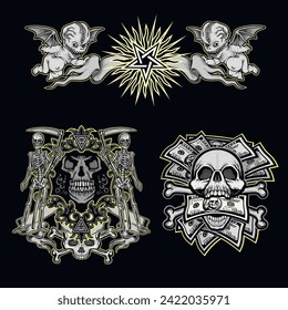 set, gothic sign with skull (Hand drawn vector image), grunge vintage design t shirts
