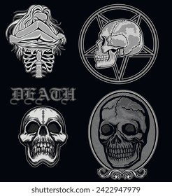 set, gothic sign with skull (Hand drawn vector image), grunge vintage design t shirts