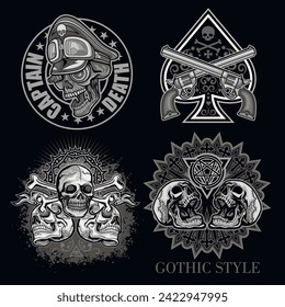 set, gothic sign with skull (Hand drawn vector image), grunge vintage design t shirts