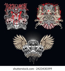 set, gothic sign with skull (Hand drawn vector image), grunge vintage design t shirts